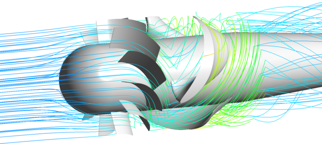 Result of the CFD simulation of the turbine with representation of the streamlines